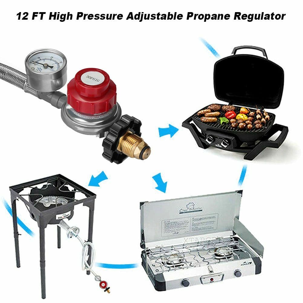 12FT Propane Gas Regulator Braided Hose Indicator 1/8 MNPT 0-30PSI High Pressure 2