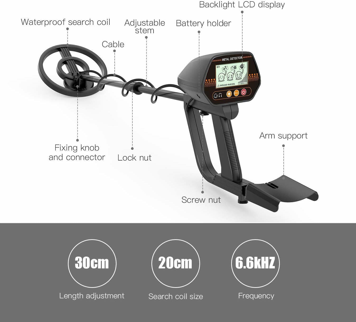 Metal Detector, 3 Modes Adjustable Waterproof Detectors (24"-45") with Larger Ba 2