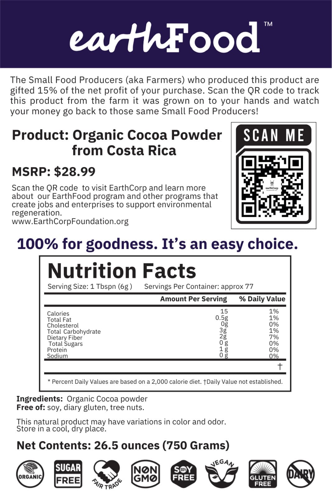 1.5 Lbs Organic Cocoa Powder, from Costa Rica.   (750 g) by EarthFood 6