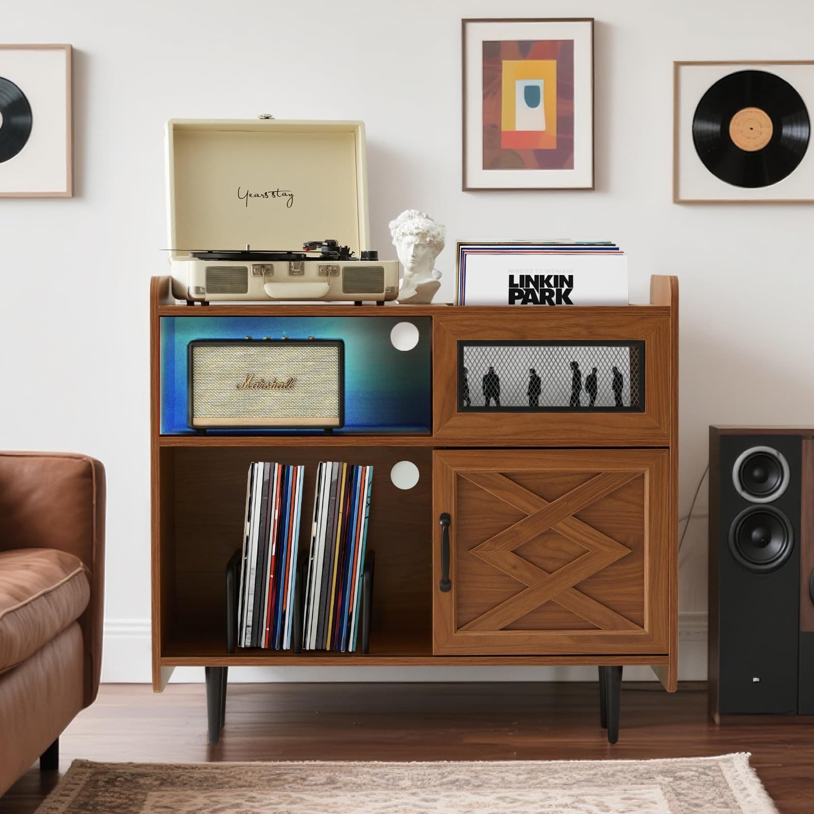 Modern Vinyl Record Player Stand with Built-in Charging Hub & RGB Lighting 4