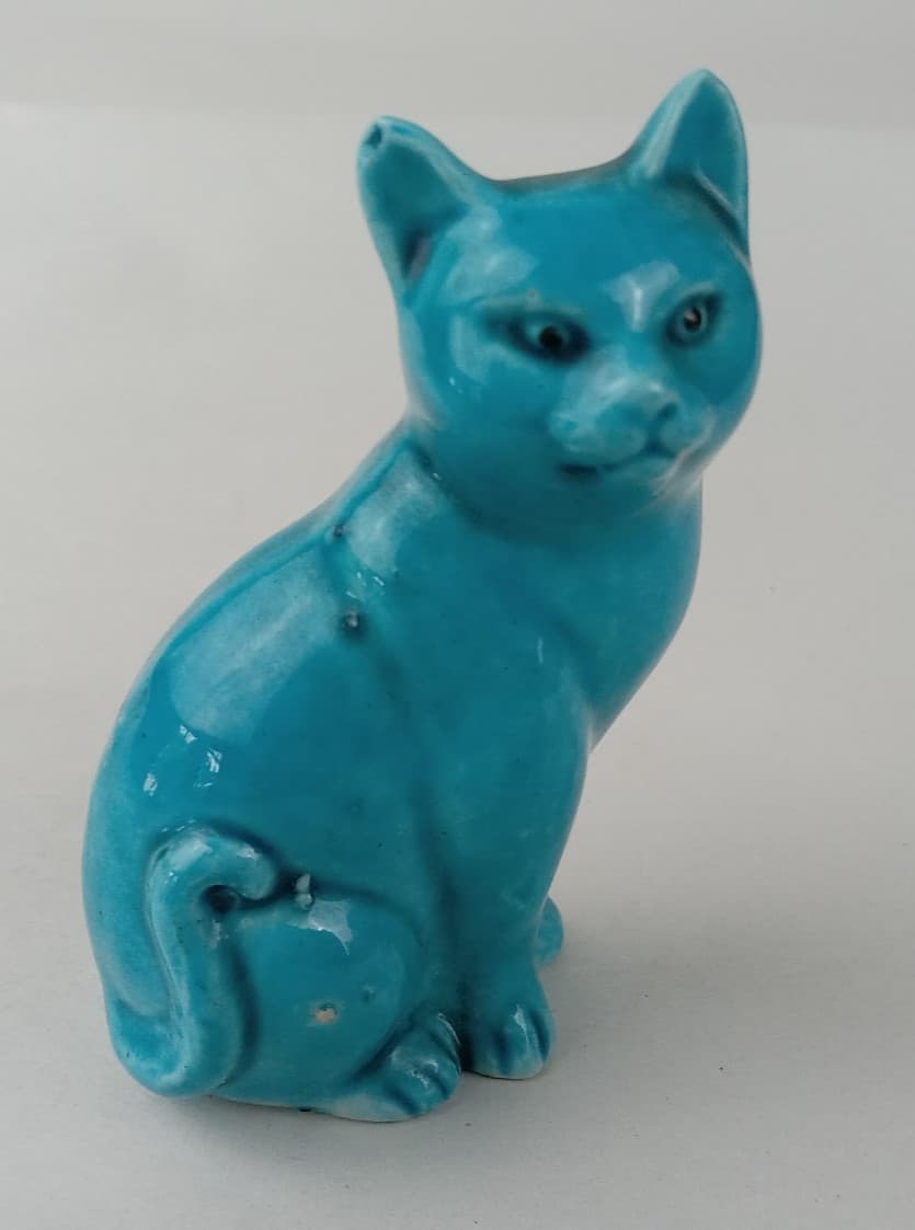 Vintage Antique Chinese Export Turquoise Glazed Glaze Porcelain Sitting Cat 6