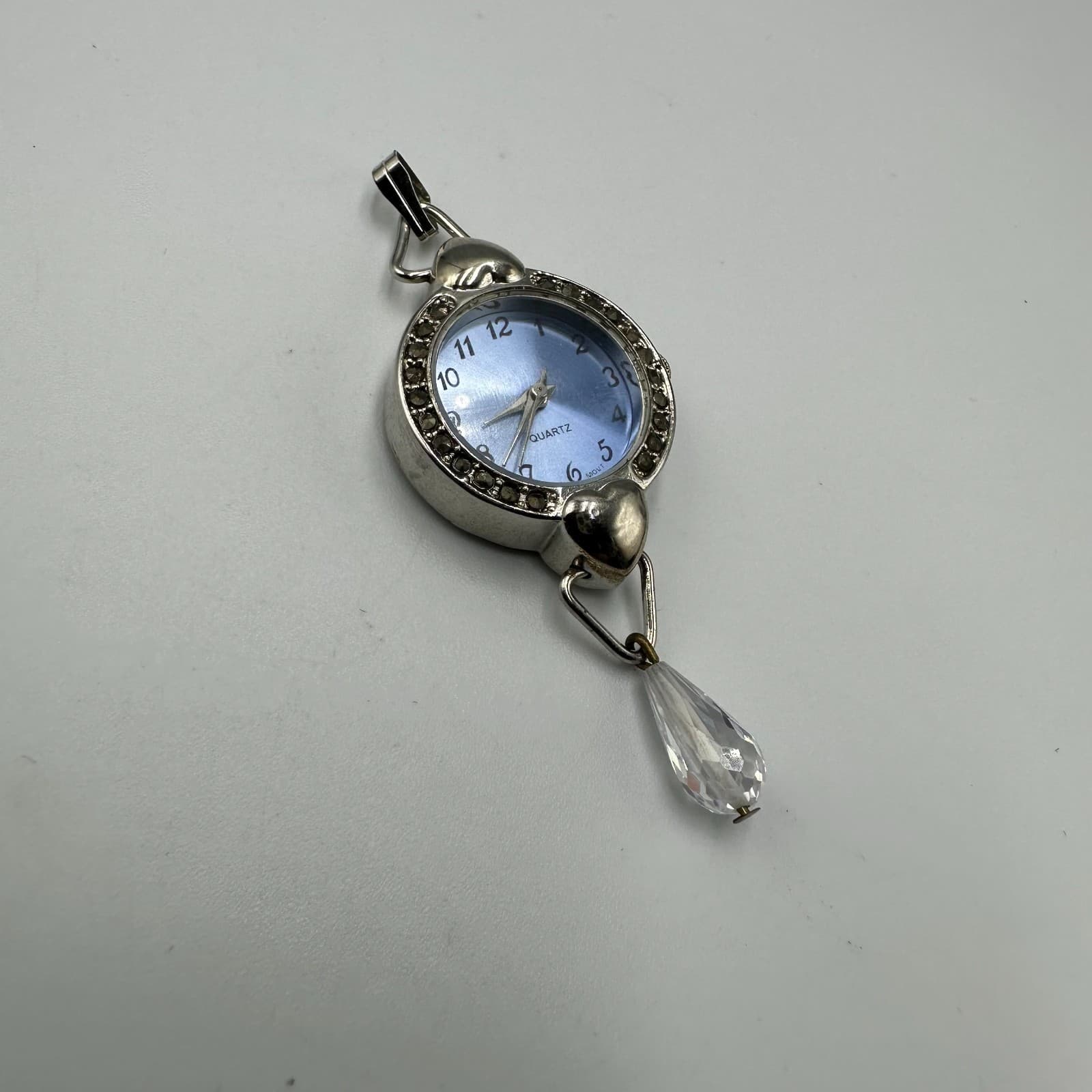 Watch Pendant Women Silver Tone Blue Dial Heart Accents Crystal Drop Works 6