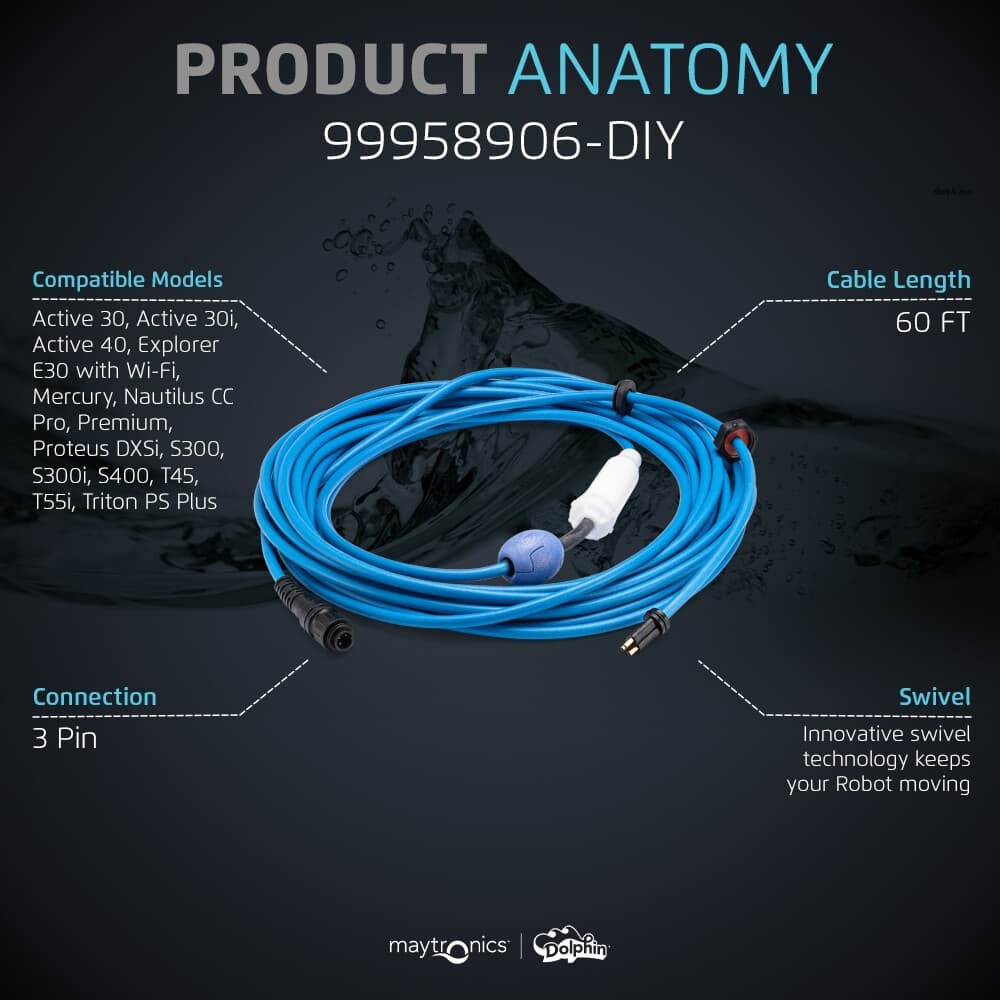Authentic Dolphin Replacement Cable with Swivel (3 Wire) - 60ft, Maytronics 4