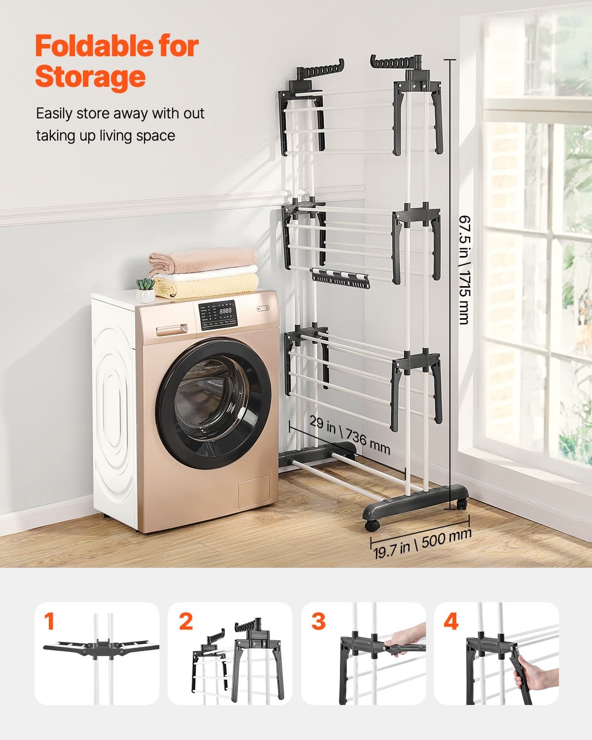 VEVOR 4-Tier Foldable Clothes Drying Rack with 24 Drying Poles and 4 Castors 5