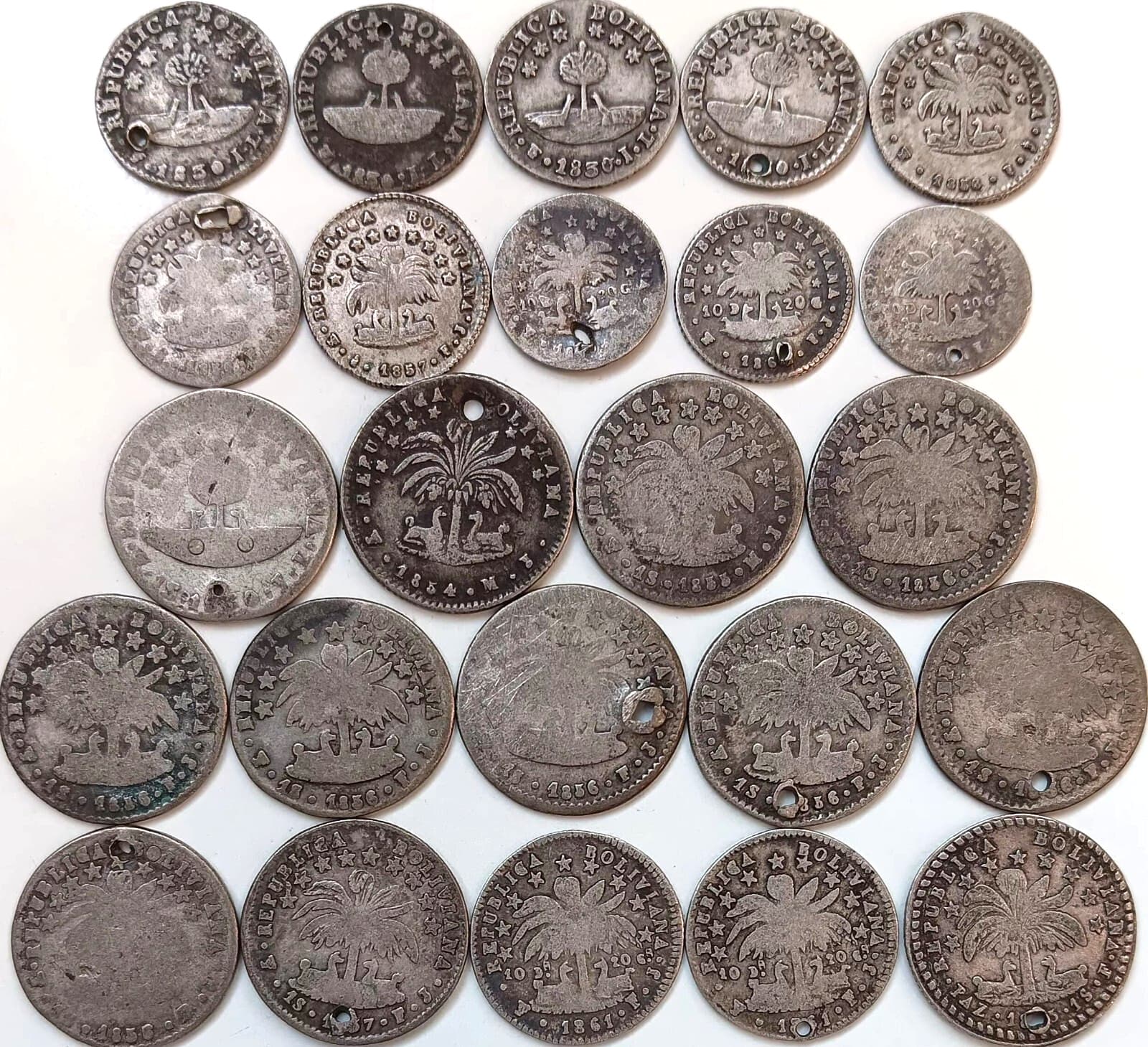 Bolivia Silver Coin Lot: 1830, 1856, 1857 1/2 Sol, 1854, 1855, 1861 etc 1 Soles