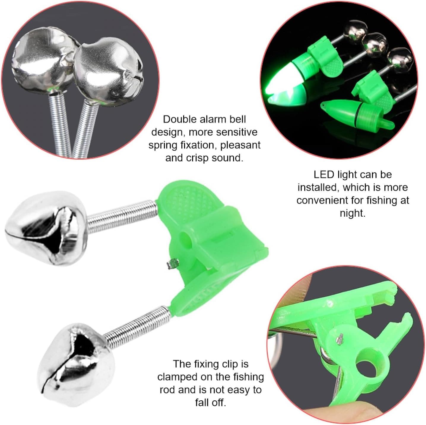 30 Pcs Fishing Bells Clips Fishing Rod Alarm with Dual Alert Bells with Colorful 3