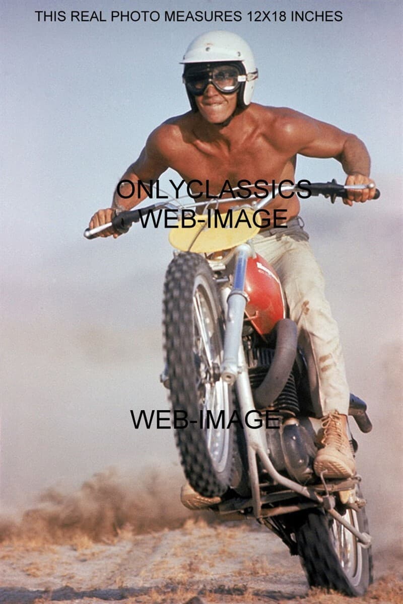 STEVE MCQUEEN POWERS WHEELY ON HUSQVARNA MOTORCYCLE 12X18 PHOTO POSTER NO SHIRT