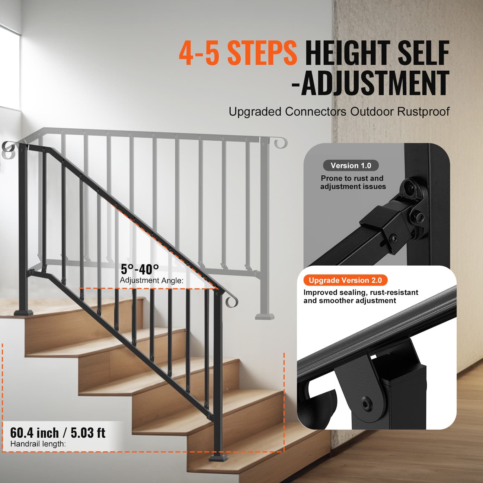 Uimoso 5 Steps Handrail Outdoor Stair Railing for Porch Deck Black Retro Arch 3