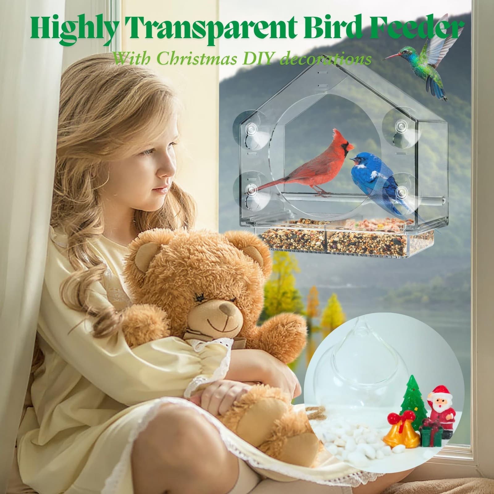 Window Bird Feeder with 4 Strong Suction Cups, DIY Glass Ornament Bird Feeder... 2