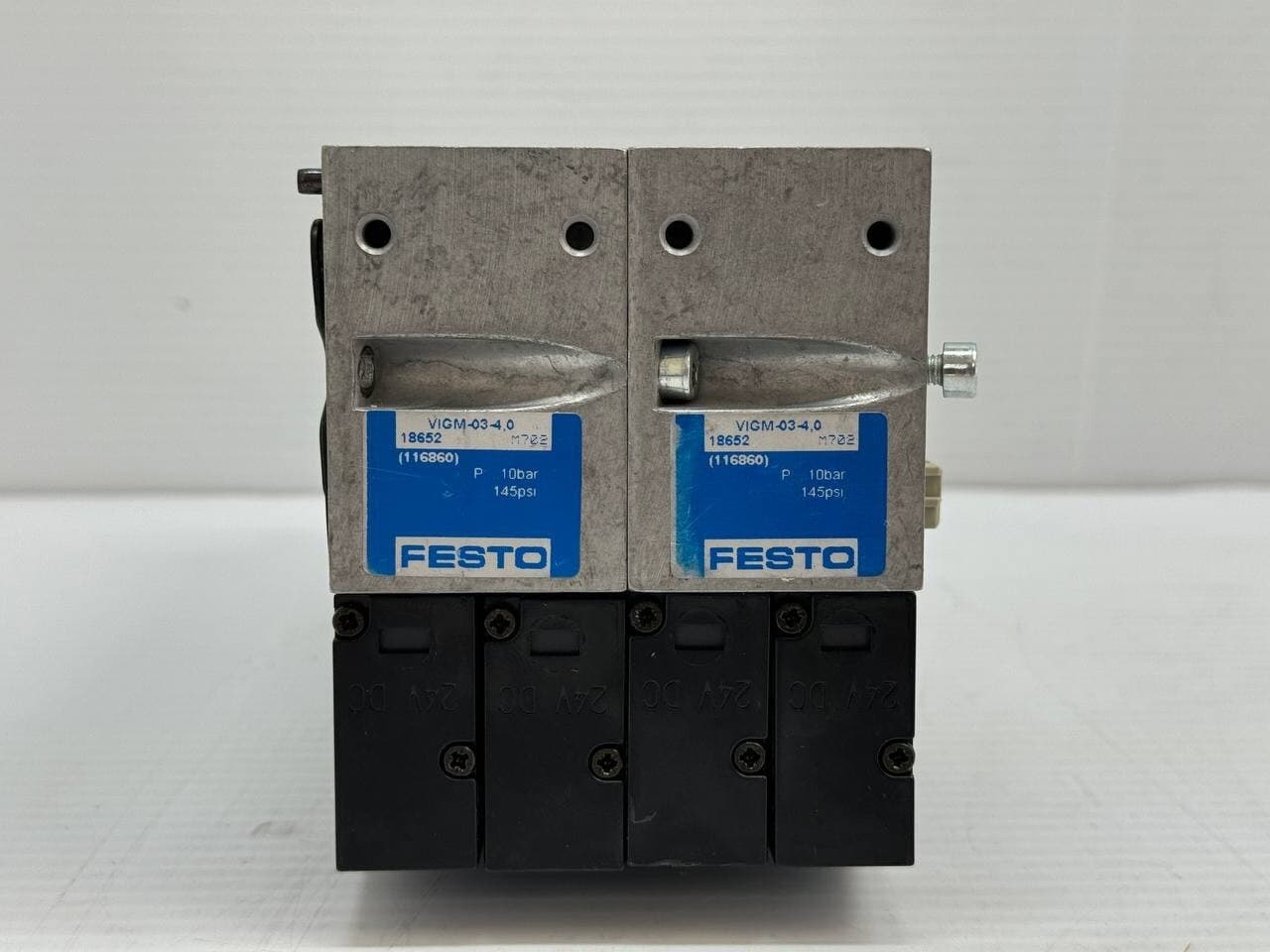2x Festo MT2H-5/2-4.0-L-S-VI Solenoid Valves, On VIGM-03-4.0 Manifold Block 3