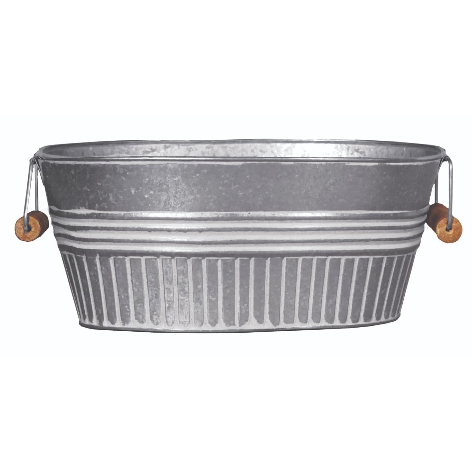 14" Galvanized Basin Tub - Oval with White Wash Design, Handles and Drain Holes