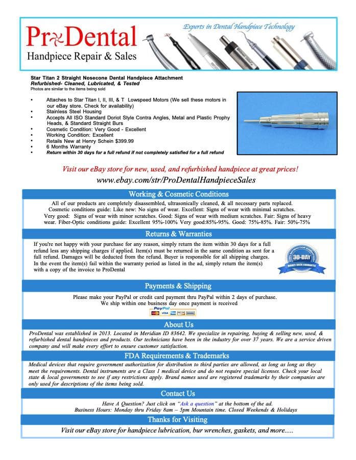 Star Titan Brand Straight Nose Cone Dental Handpiece Attachment - ProDental 2