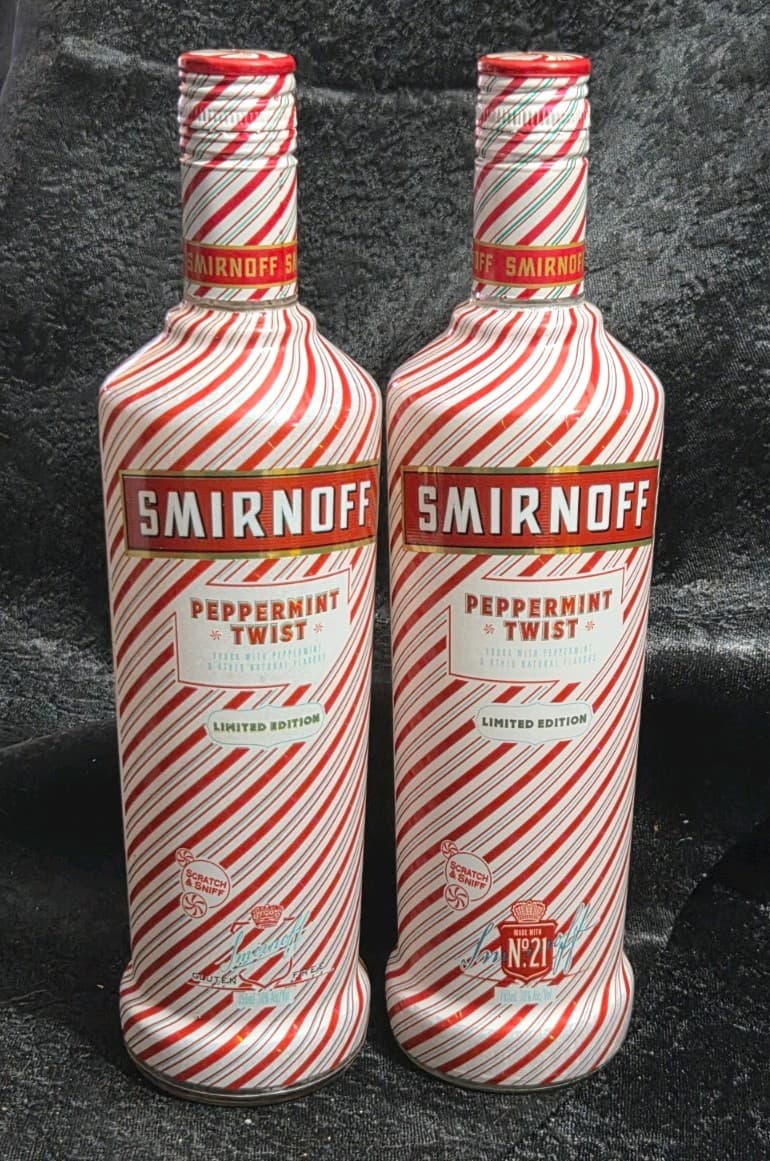 Empty Smirnoff Peppermint Twist Limited Edition Glass Bottle Lot (2)