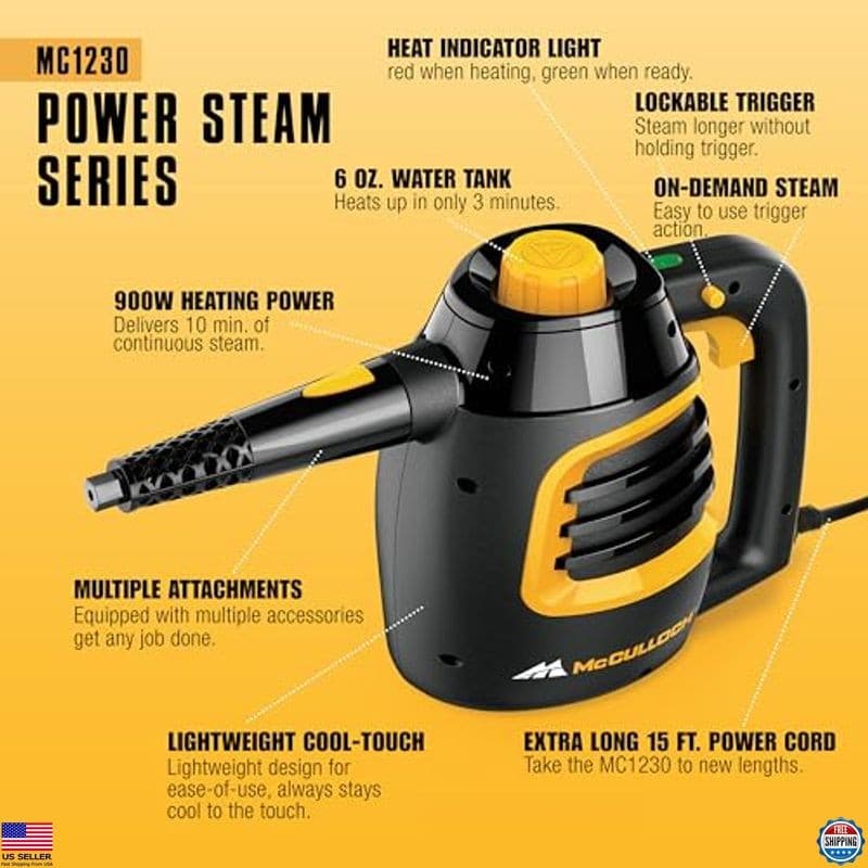 McCulloch MC1230 Handheld Steam Cleaner – 10-Minute Runtime & 11 Accessories 4