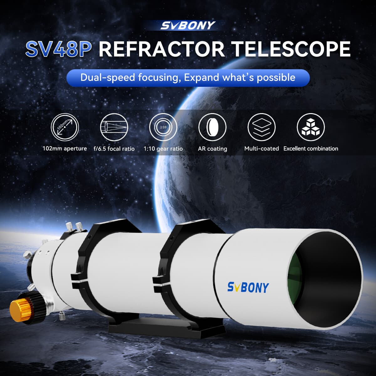 SVBONY SV48P 102mm Achromatic Refractor Telescope + SV225 A-Z Mount for Visual 5