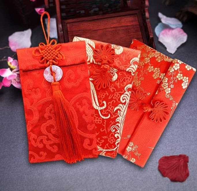 3 PACK! Chinese New Year Silk Red Cash Envelopes, Lucky Money Card Pocket 4
