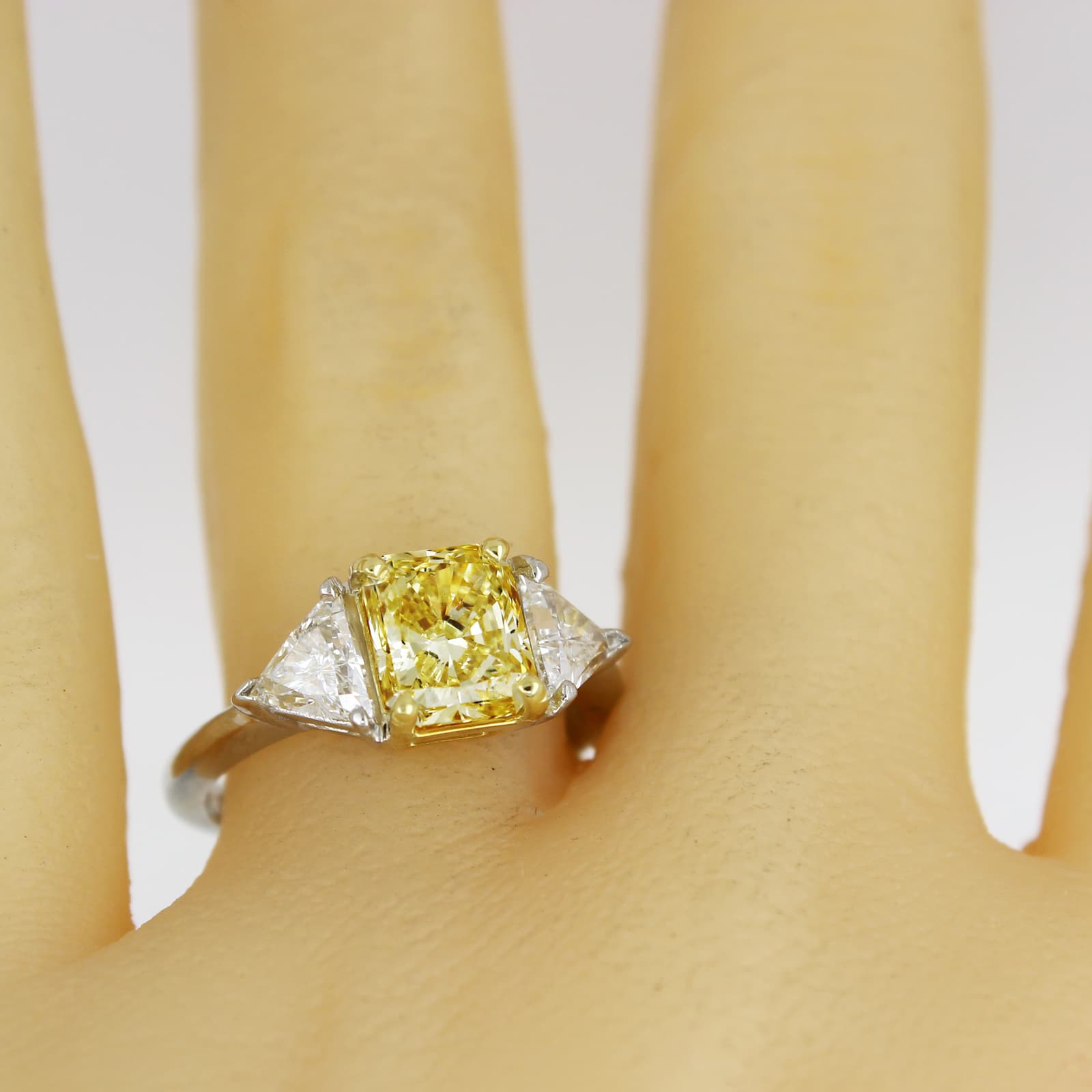 2.80 CTW Cushion & Triangle Three Stone Diamond Ring  18K Gold, GIA Certified