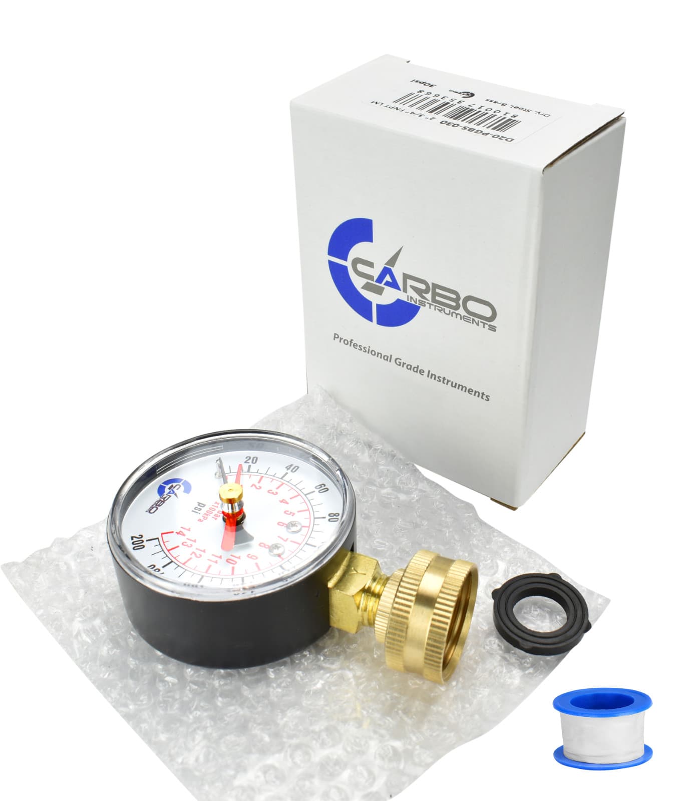 CARBO Instruments 2-1/2" Water Pressure Test Gauge 200 psi,  3/4" Female Hose  6