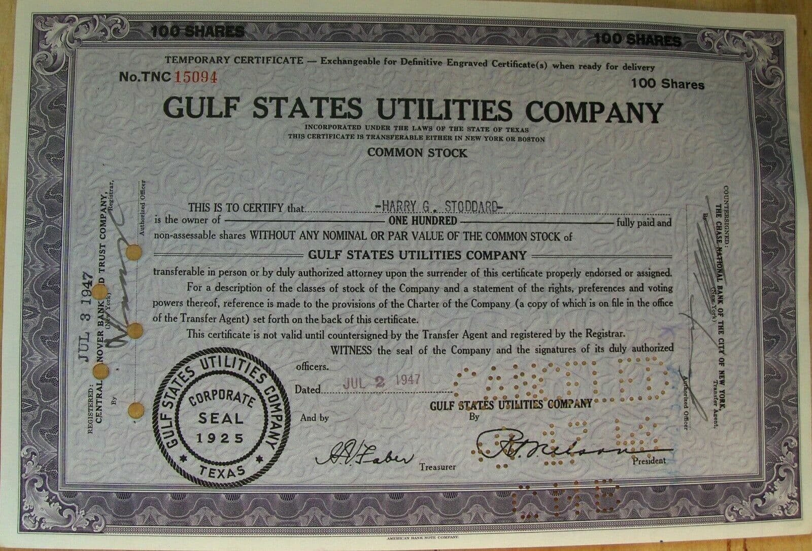 Gulf States Utilities 3 sequential stock certificates, 1957 Broker Spencer Trask