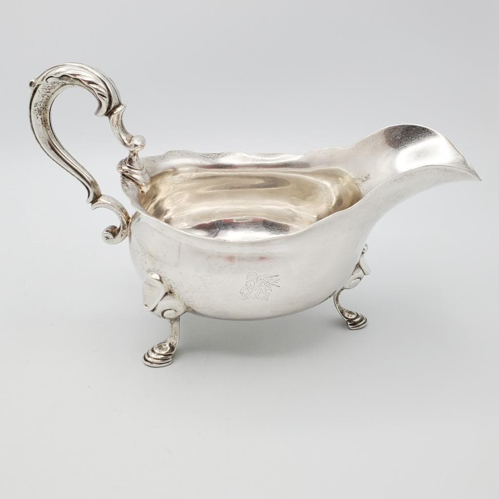 Antique English Sterling Gravy Sauce Boat 1700s Winged Lion Crest Griffin Hooves 2