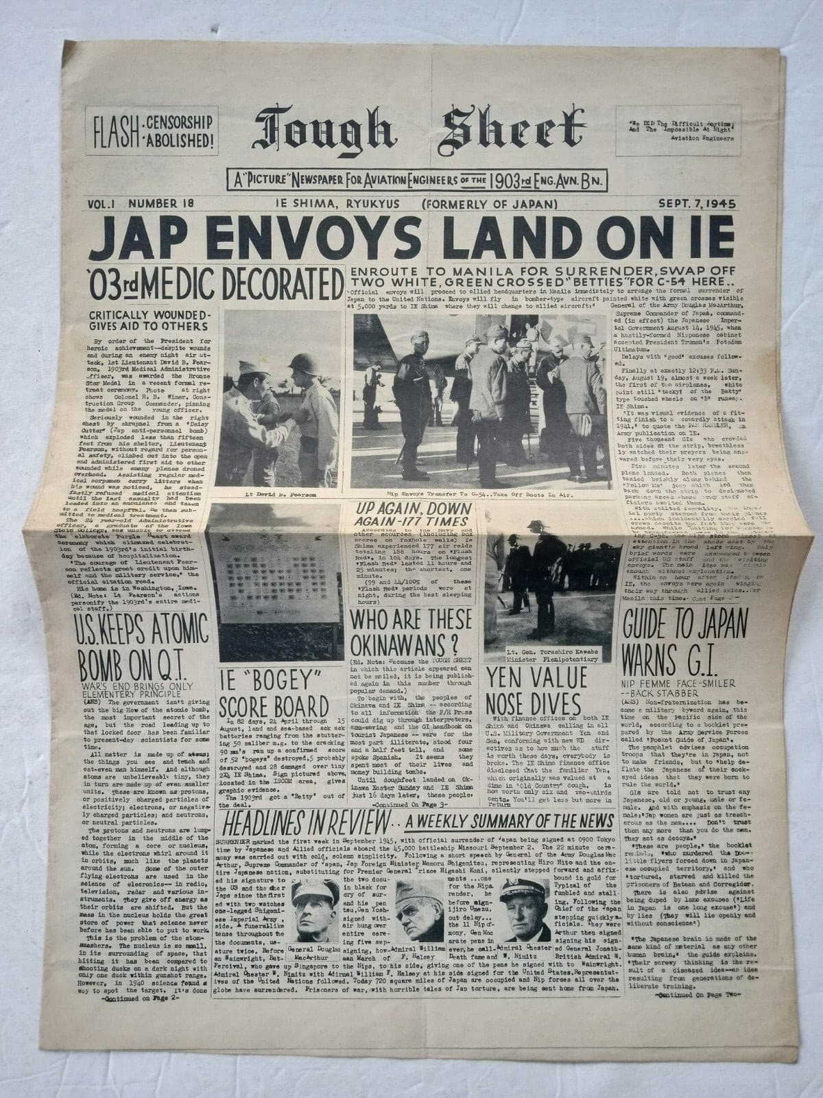 WW2 TOUGH SHEET IE SHIMA NEWSPAPER Sept. 1945 1903rd ENGINEER AVIATION BATTALION 2
