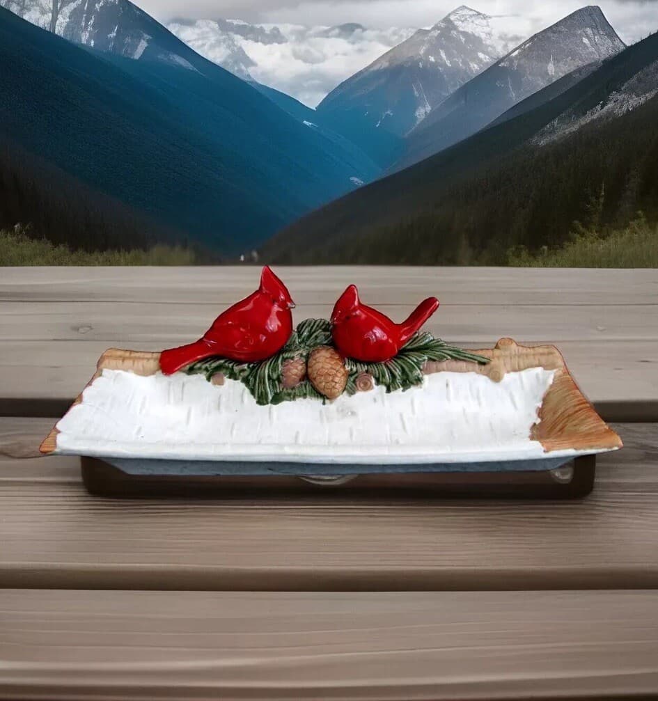 Handmade 3D Cardinals & Pinecones on Snow Covered 13" Signed Rectangular Tray 2