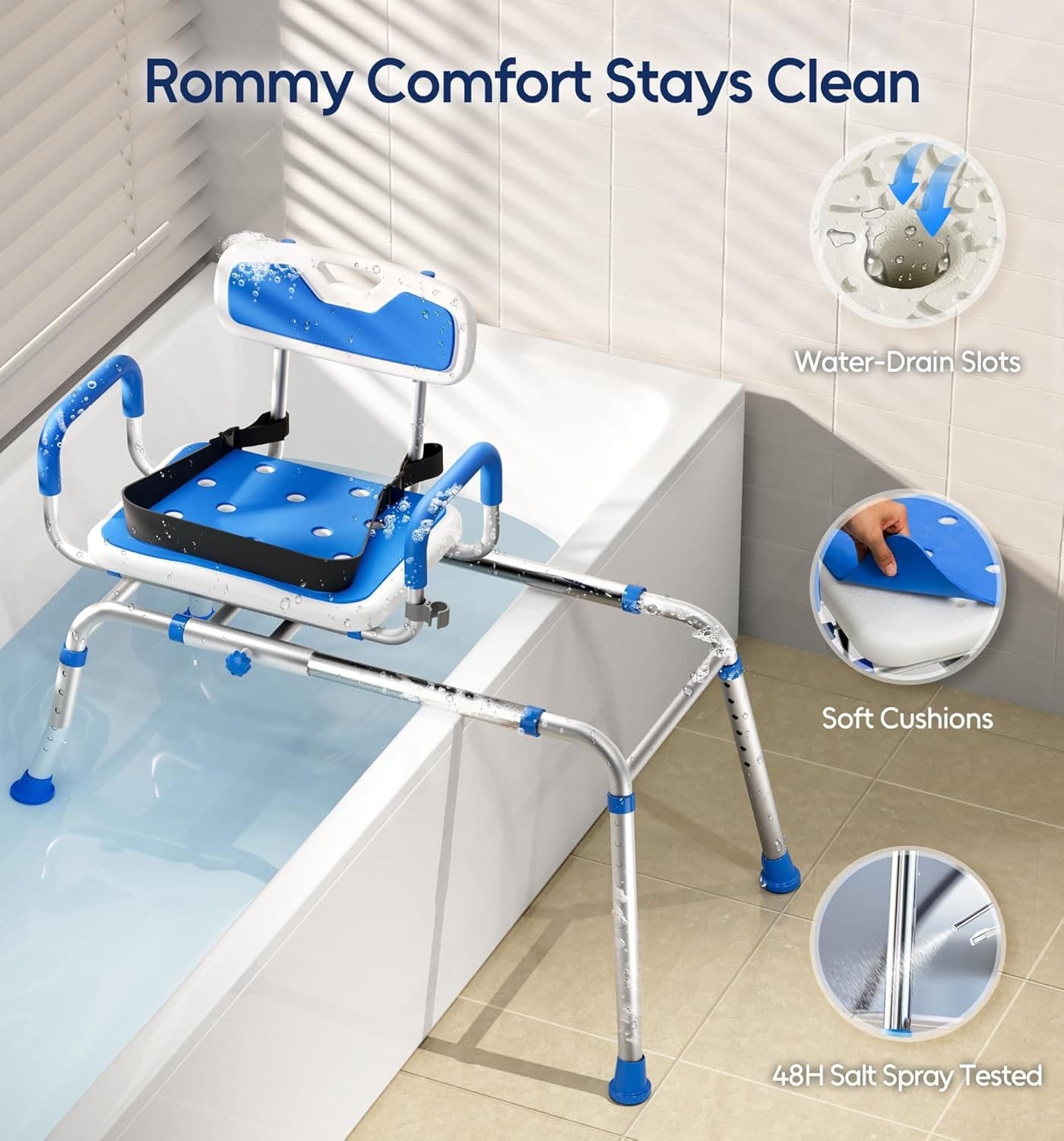Sliding shower chair with swivel seat, tub bench, non-slip arms & safety belt 6