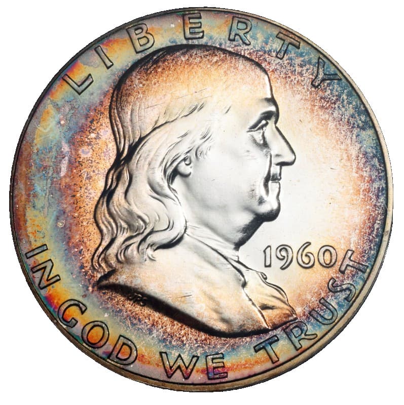 1960 Franklin Silver Half Dollar ANACS PF63 Album Toned Crescent Toning Rainbow 6