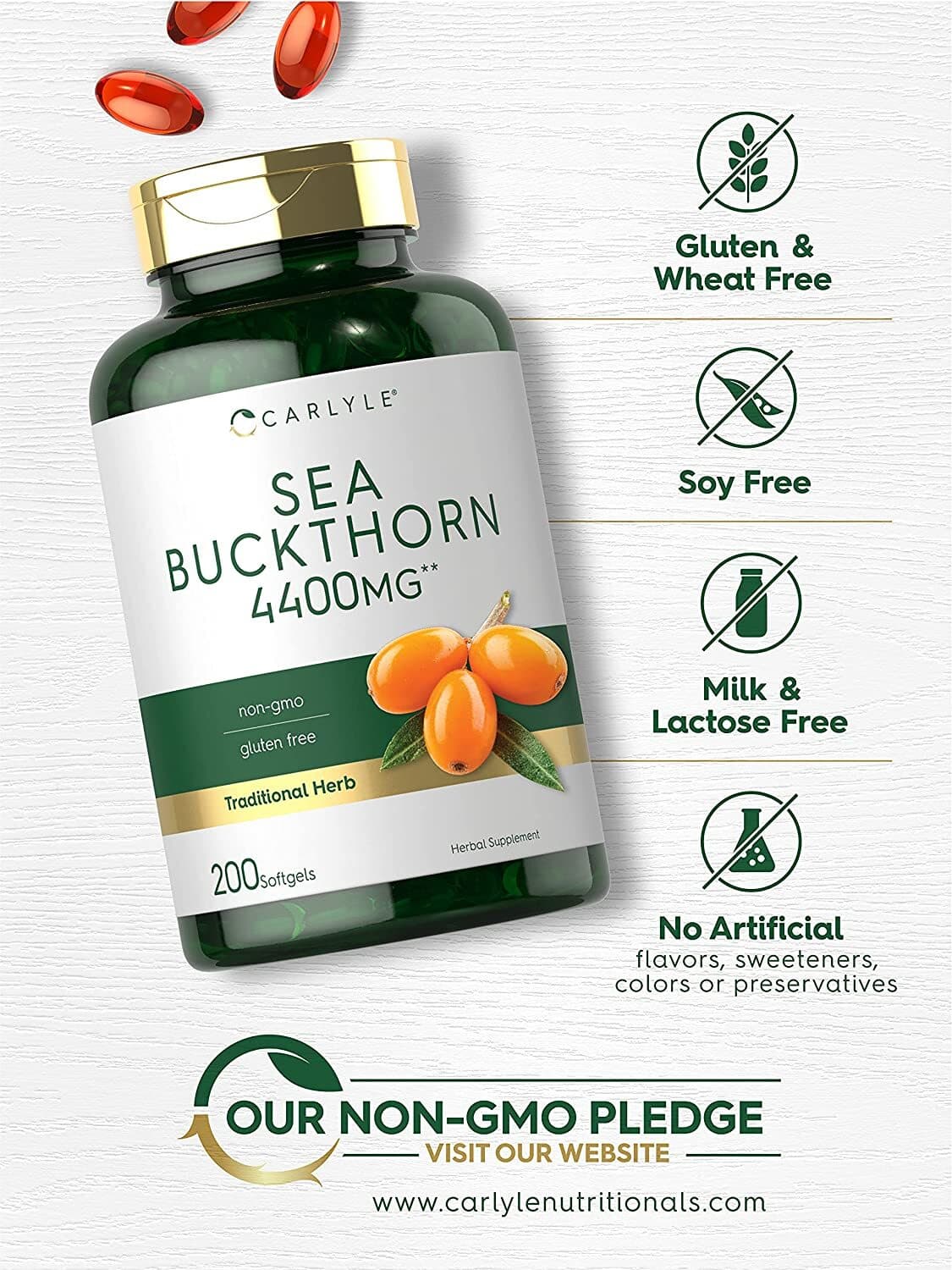 Sea Buckthorn Oil Capsules 4400mg | 200 Softgels | by Carlyle 4