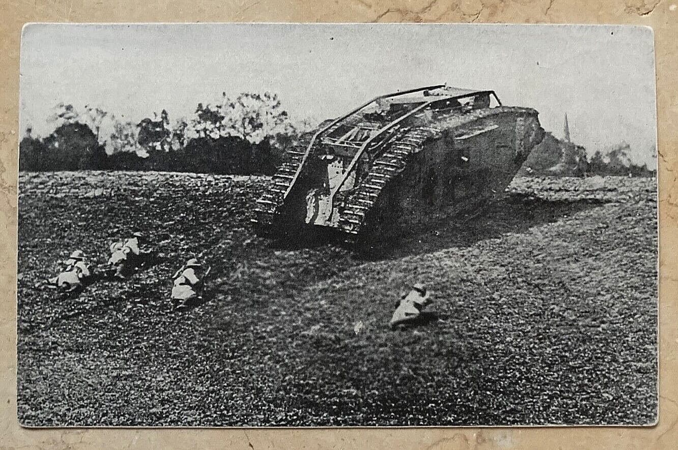 RARE RECYCLED! WW1 US ARMY 27TH DIV. 107TH INF. w/ BRIT TANK COVER LITHO PC 1918 2