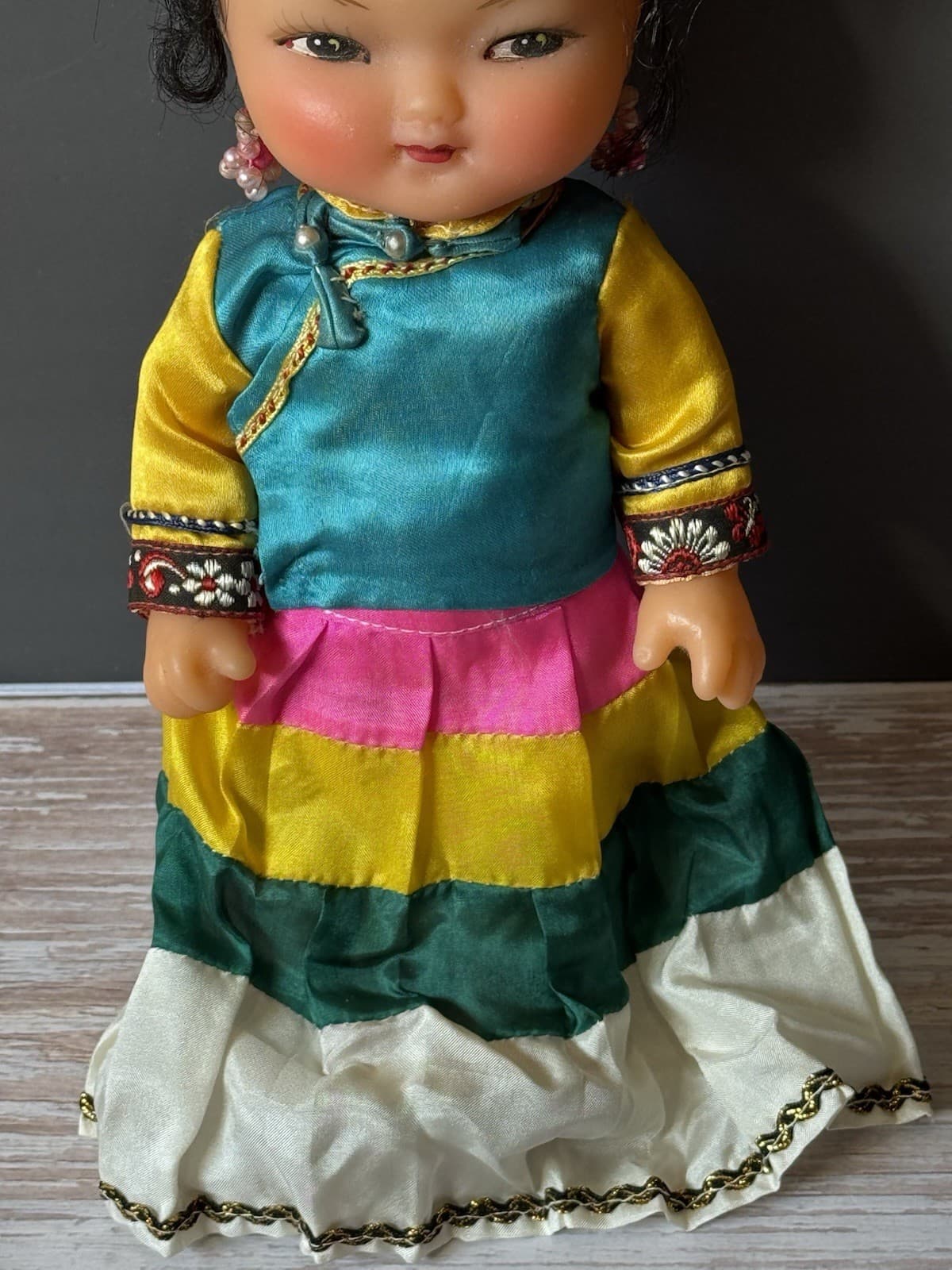 Vintage Chinese Folk Doll Rubber Face & Hands 8" Kimono 4