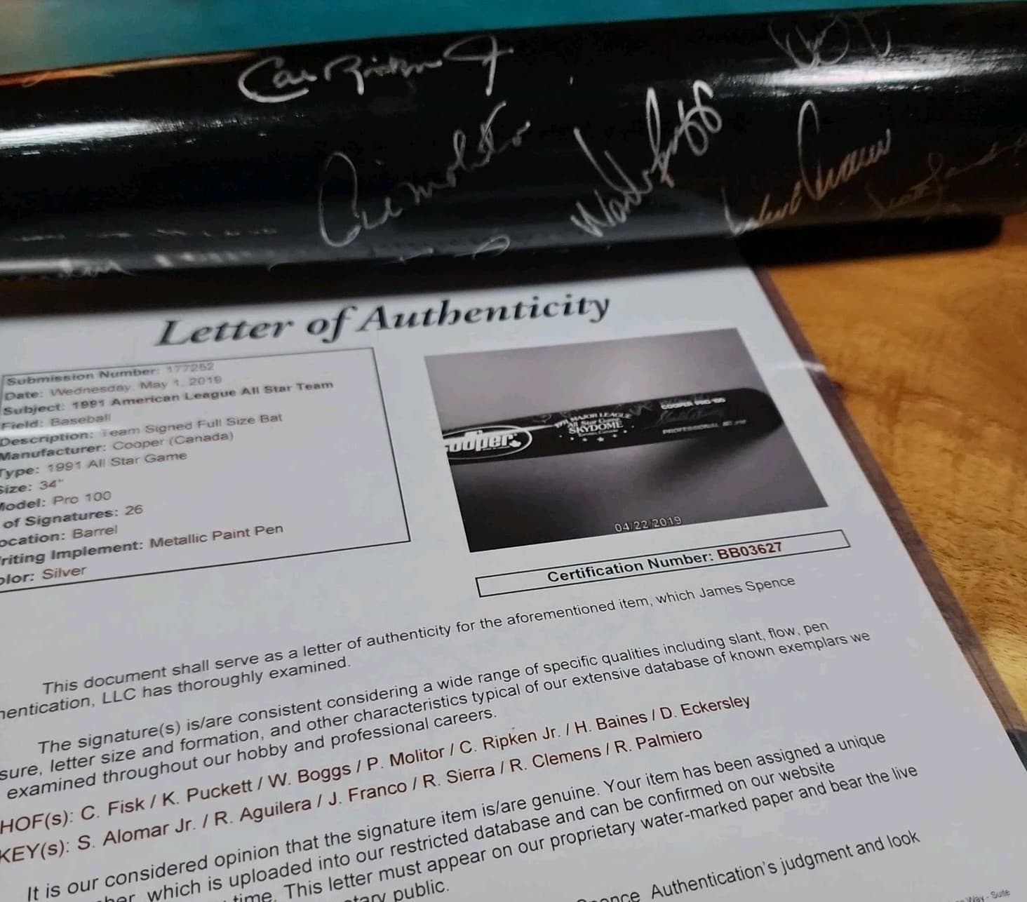 ⚾️1991 AL All-Star Team Signed Bat! Ripken Jr, Fisk, Boggs,Clemens,Molitor*JSA⚾️