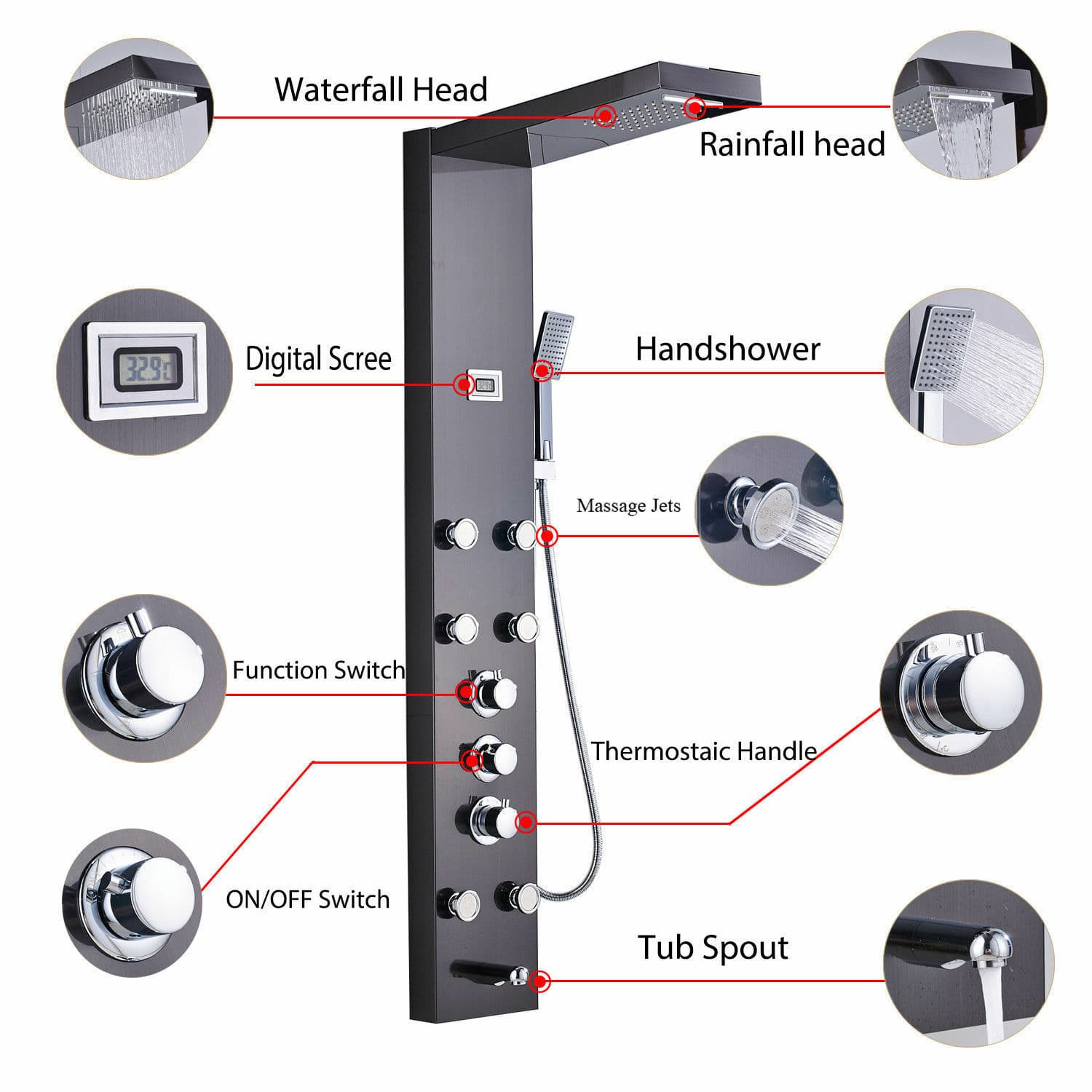 Stainless Steel LED Shower Panel Tower Rain&Waterfall Massage Body Jets System 4