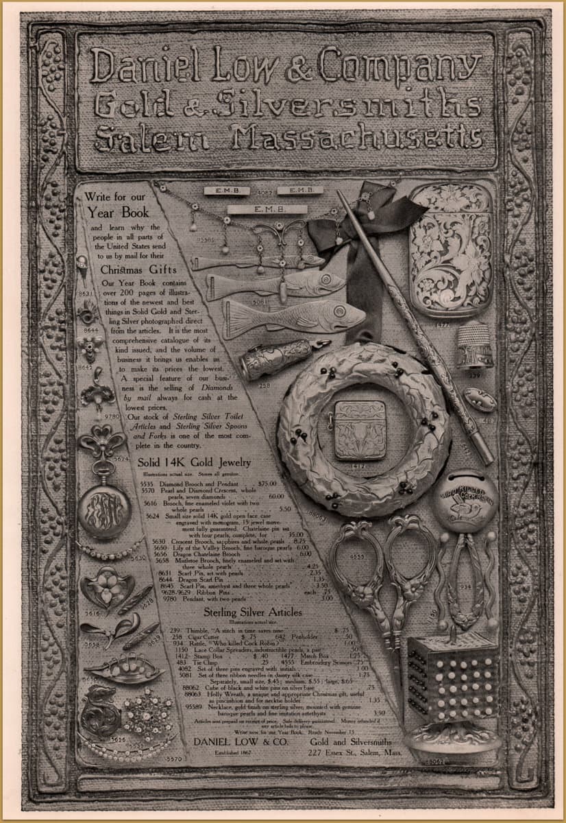 1905 Daniel Low Lg Format Baby Rattle Thimble Scarf Pin Brooch Print Ad Silver