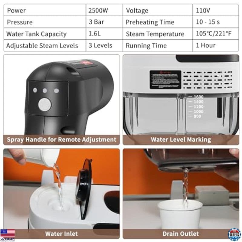 2500W Handheld Steam Cleaner - 1.6L High-Temp Steamer for Cars, Furniture, Grout 6