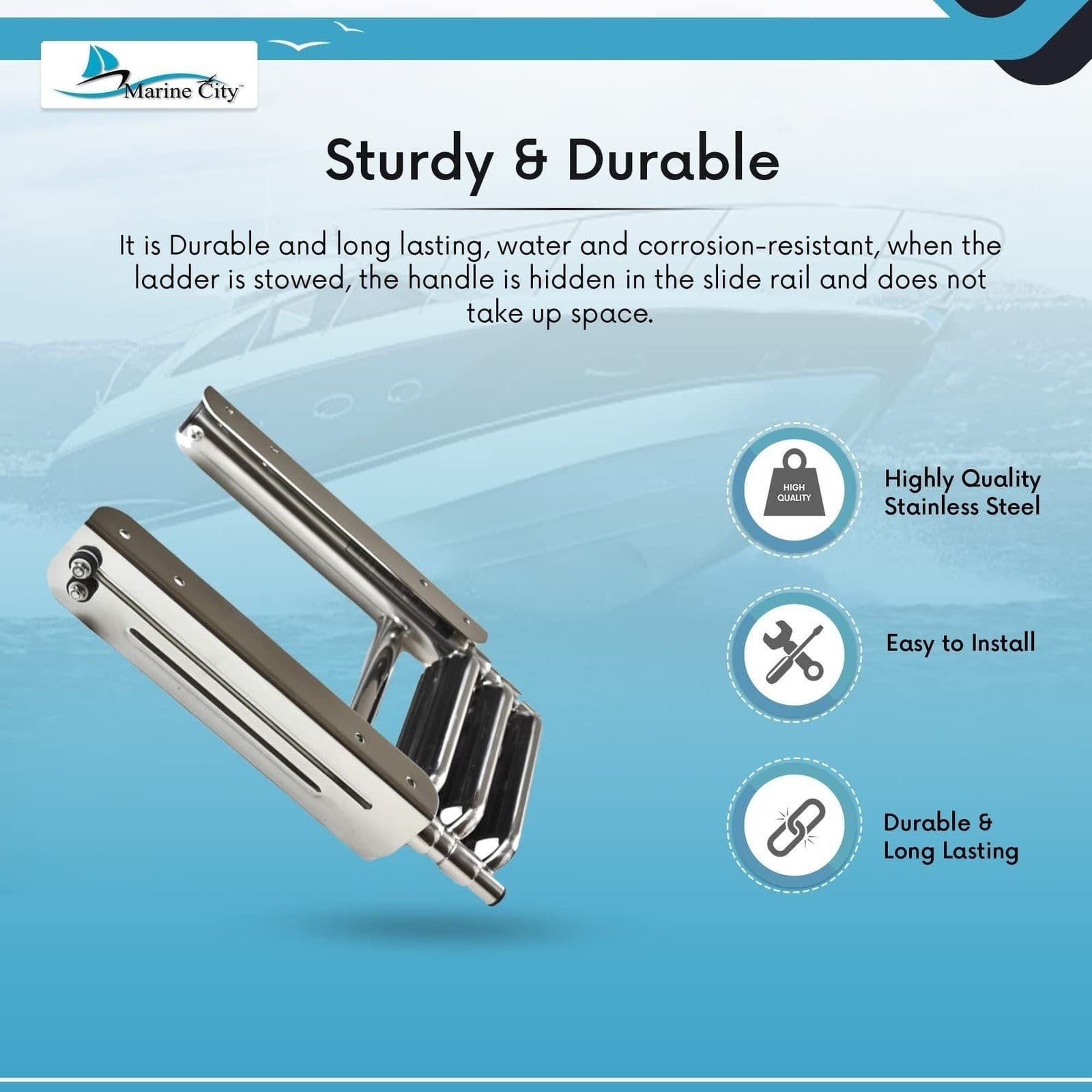 Marine City Stainless Steel Under Platform Telescoping Handrail 3 Steps Ladder 4