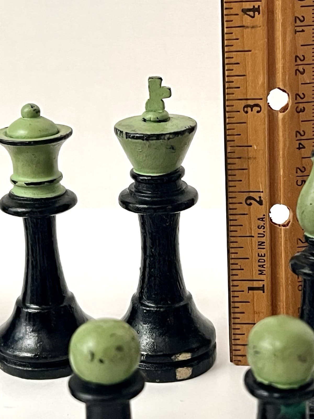 Lot 16 Vintage Wooden Chess Pieces Painted Black Green Wood Craft Art Supplies 4