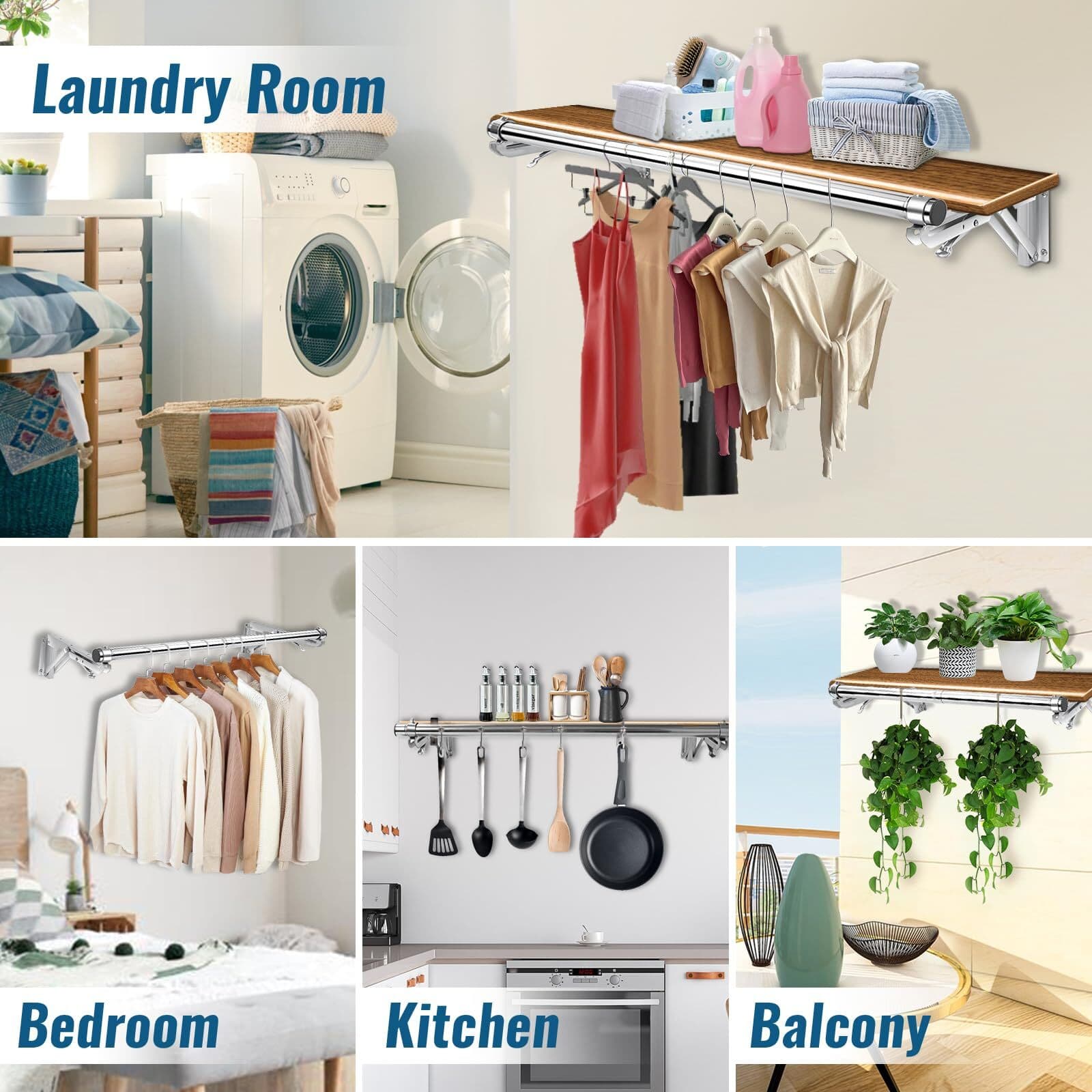 Foldable Wall Mounted Clothes Rack44'' Long Rod&2 Basesstainless Steel Heavy Dut 2