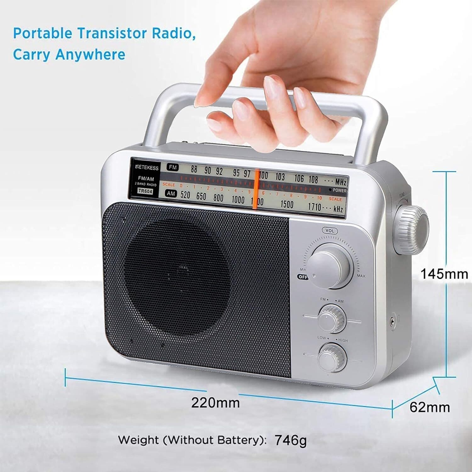 Retekess TR604 AM FM Radio, Portable Radios with Best Reception, AC or D Battery 4
