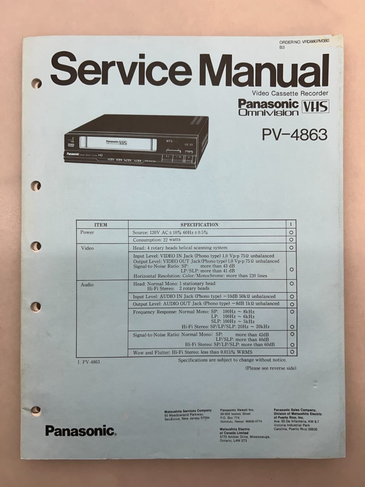 Panasonic PV-4863 Original Service Manual Free Shipping