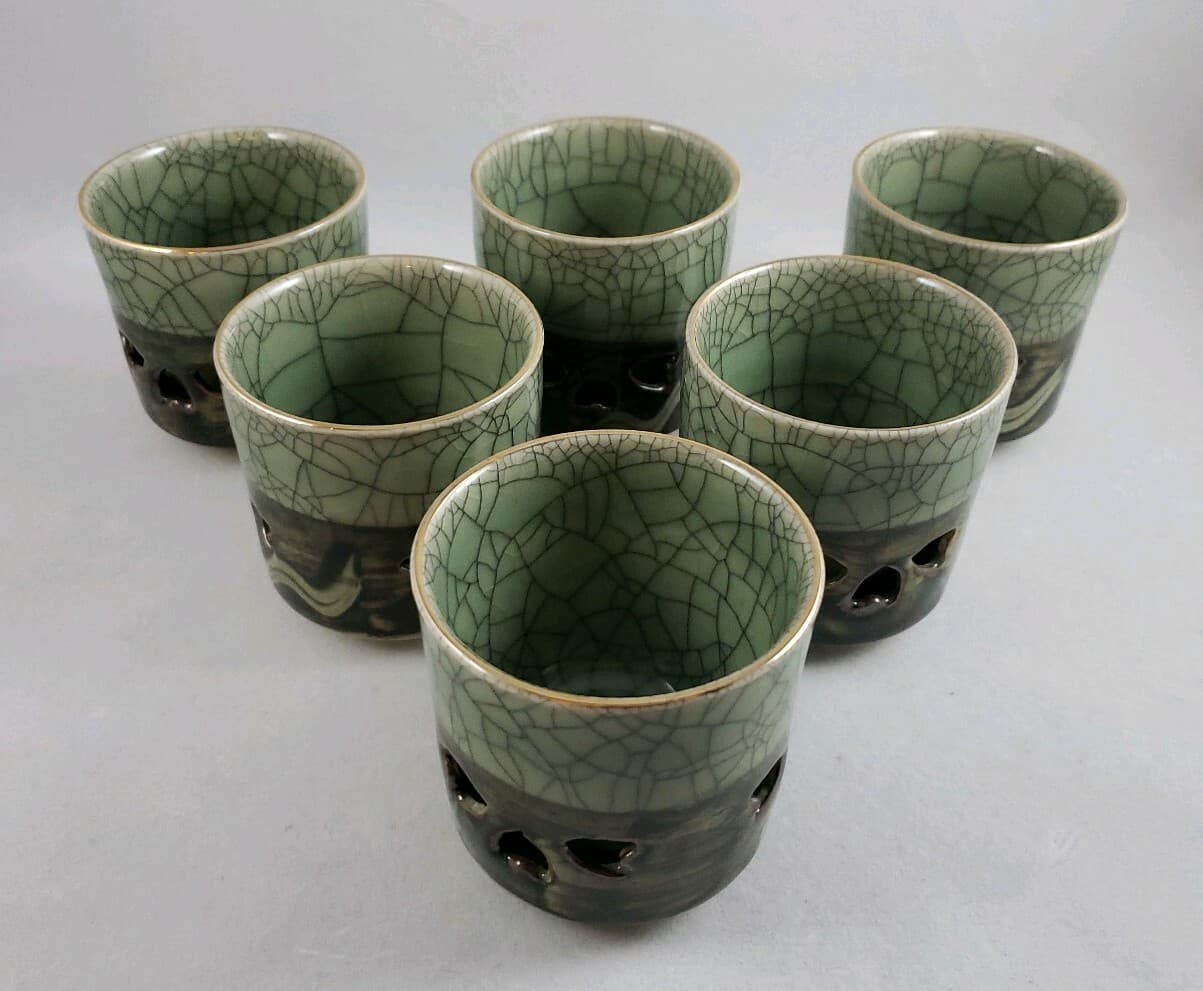Somayaki Somaware Celadon Double-Walled Cups Crackle Gold Horse - Set of 6 3