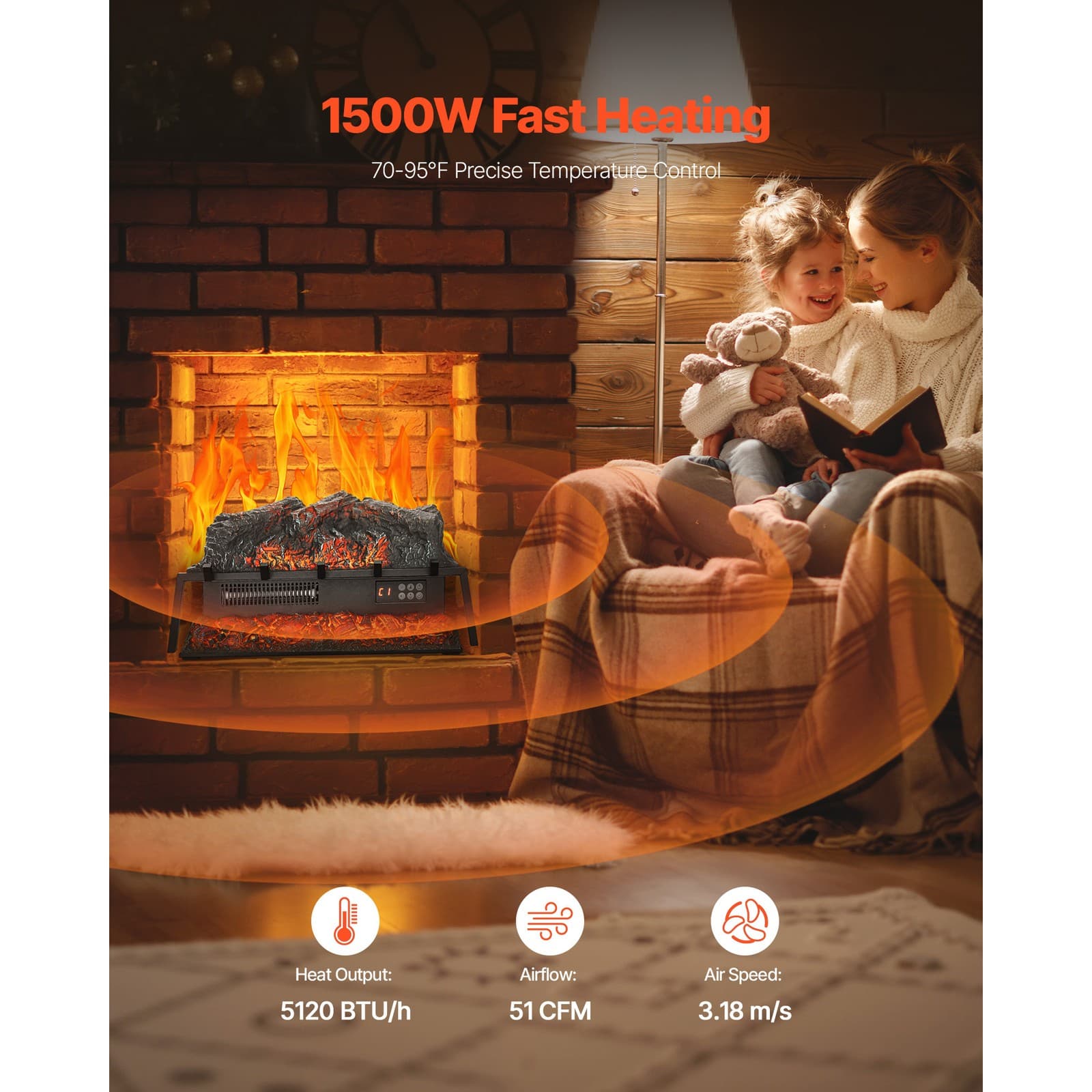 25 Inch Electric Fireplace Log Heater with Crackling Sound Timer Remote 4