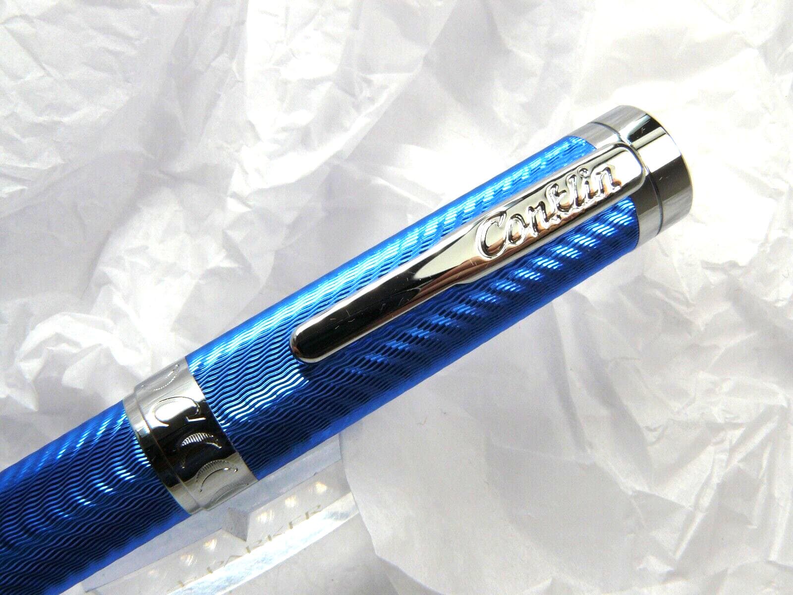 Conklin Herringbone Signature Blue Chrome Fountain Pen Omniflex Nib NEW IN BOX 2