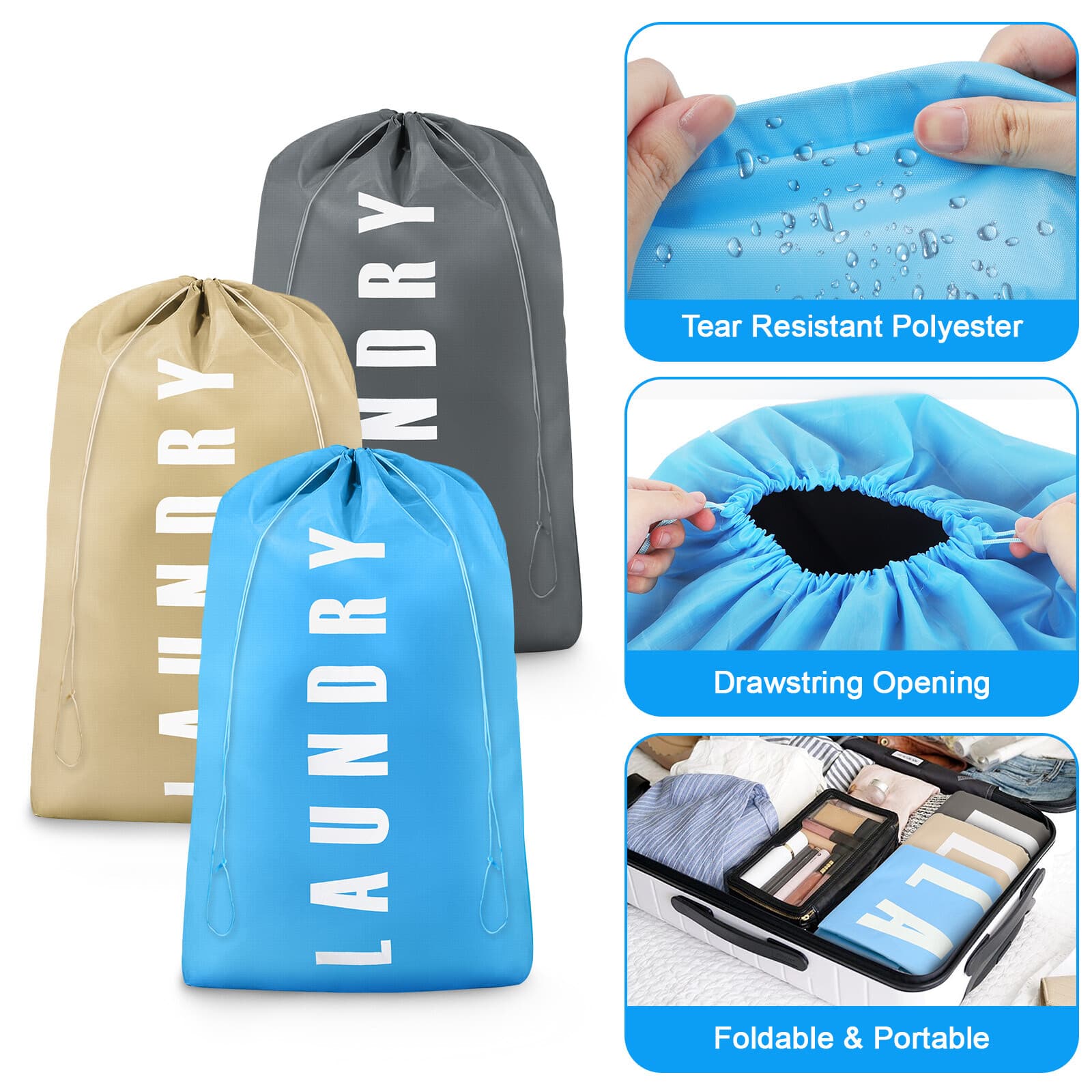 3Pcs Heavy Duty Laundry Bag, Large Dirty Clothes Organizer w/ Drawstring Closure 3