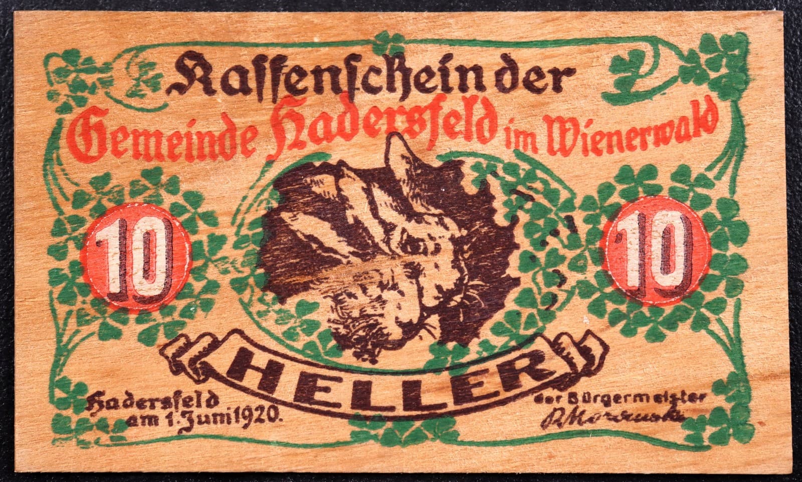 HADERSFELD 1920 WOODEN NOTGELD 10 Heller Original Issue Vienna Woods Austria