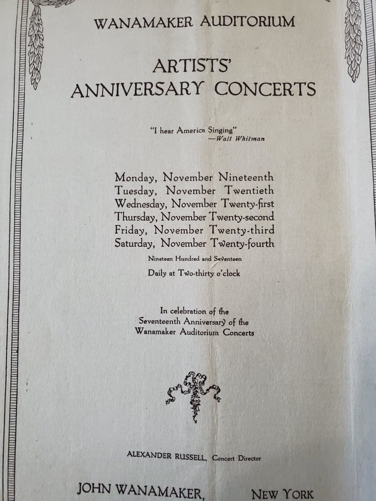 WANAMAKER AUDITORIUM NYC Artists Anniversary Concerts Program Broadway 1917 3