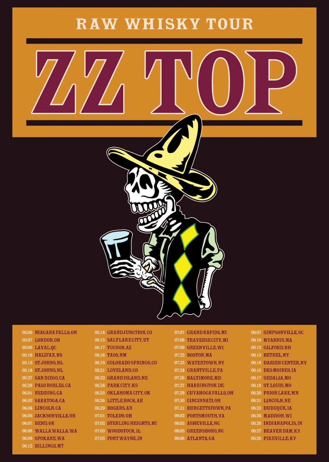 ZZ TOP "RAW WHISKY U.S. TOUR 2022" CONCERT POSTER-Skeleton With Beer& Tour Dates