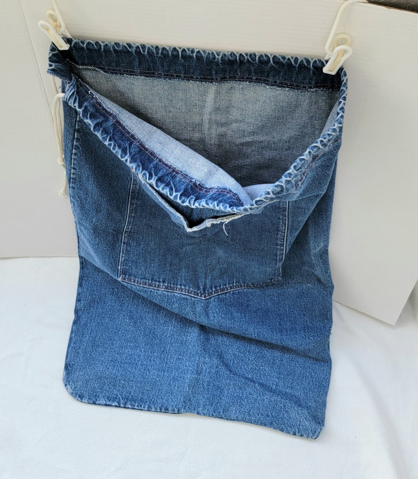 Blue Denim Heavy Large Sack Laundry Bag Drawstring Front Pocket 33"x 22" 5