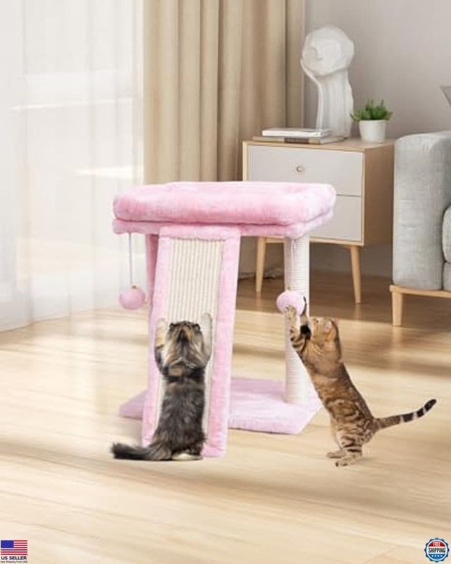 Small Cat Tree with Scratching Board, Cat Scratcher Post for Indoor Cats, 2 5