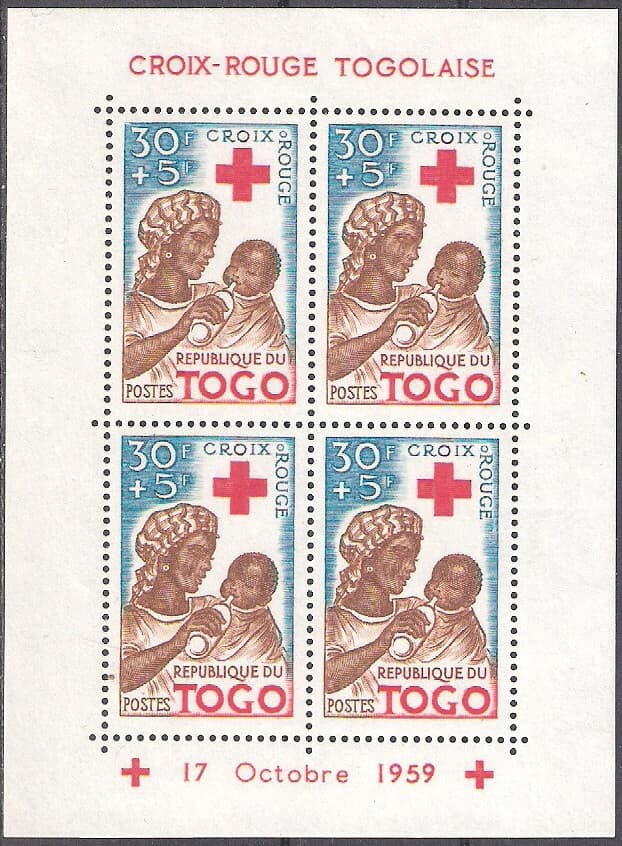 Togo 1959 Red Cross Feeding Infant Souvenir Sheet MNH (SC# B13a)